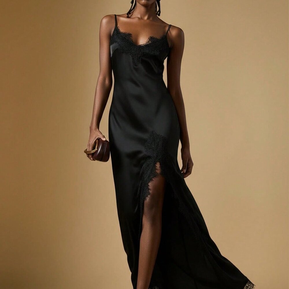 Black Preppy Women's Cold Shoulder Spaghetti Strap High Slit Lace Dress